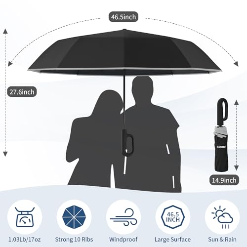 Seniny Travel Umbrella with UV Sun Protection, Large Rain Umbrellas, Black | One-Touch Automatic Umbrella with Carabiner Handle & Reflective Strip, Portable Compact Umbrella for Car Backpack - color: Black