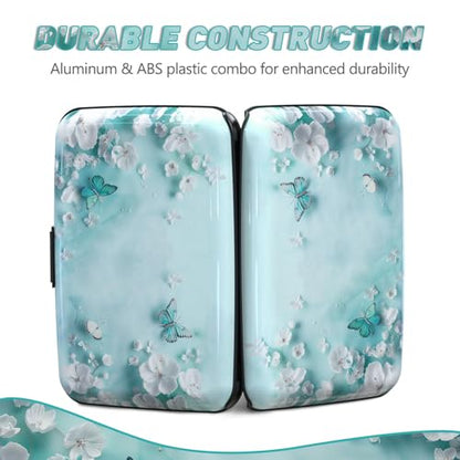 Credit Card Holder, Mini RFID Small Aluminum Card Wallet Business Card Case - color: Green Teal Butterfly