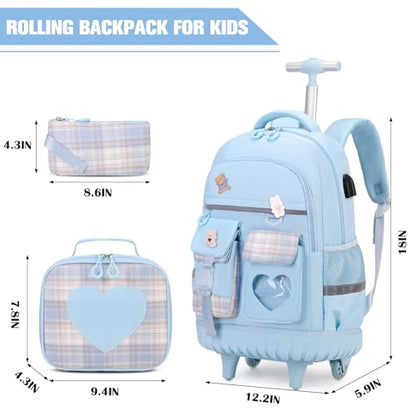 ACESAK 3PCS Rolling Backpack for Girls Children, Girls Backpack with Wheels - color: Blue