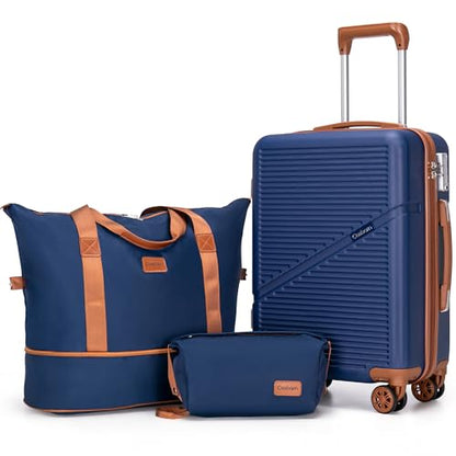 Cosbarn Carry On Luggage,3 Piece Carry On Suitcase,22x14x9 Airline Approved - color: Dark Blue, style: Carry on Luggage With Duffel Bag