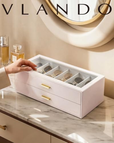 VLANDO 12-Slot Sunglasses Organizer Case with Clear Lid & 2 Drawers,Apricot - color: Apricot Pink, size: 2-layer