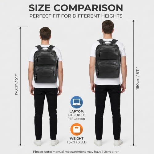 LANNSYNE Nappa Leather Backpack for Men, 16" Laptop Work Travel Bag, Black - color: Black
