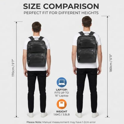 LANNSYNE Nappa Leather Backpack for Men, 16" Laptop Work Travel Bag, Black - color: Black