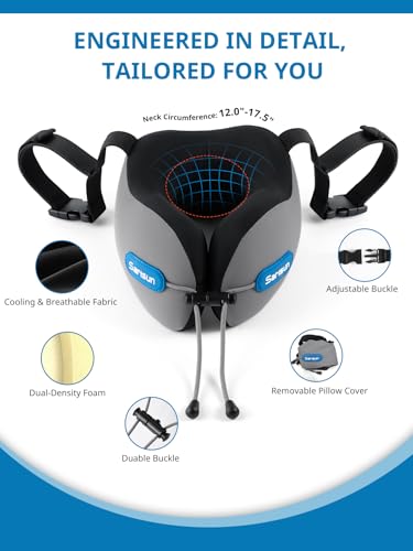 SARISUN Travel Neck Pillow with Strap & Eye Mask for Airplane Sleep Support - color: Grey&black