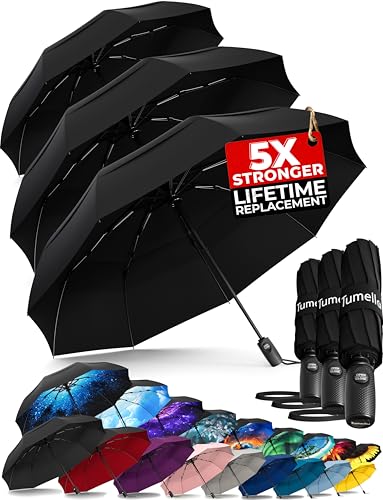 TUMELLA Strongest Windproof Travel Umbrella (Compact, 100MPH Wind-Tested), Light, Portable, One-Handed Use, Automatic Folding Rain Umbrella, Durable, Premium Grip, Fits Car & Backpack - color: Black Black