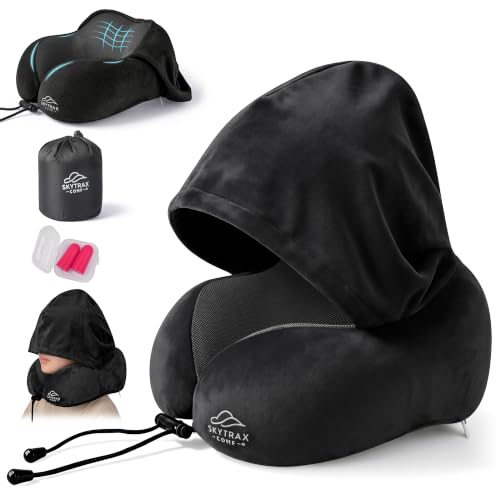 SkytraxComf® Travel Neck Pillow with Hood for Privacy on Long Flights - color: Black