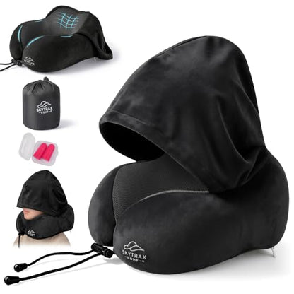 SkytraxComf® Travel Neck Pillow with Hood for Privacy on Long Flights - color: Black