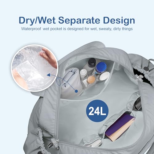 TOPDesign Travel Duffel Bag, Puffy Carry On Overnight, Gym Bag w/Wet Pocket - color: Light Grey