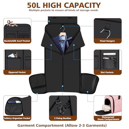 Rolling Garment Bag for Travel, 50L Duffle Bag with Shoe Compartment, 4pcs - color: Pink