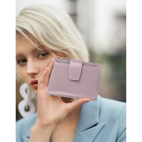 FALAN MULE Small Wallet Women RFID Blocking Leather Bifold Compact Card Holder Wallet with Zipper Coin Pocket - color: Light purple