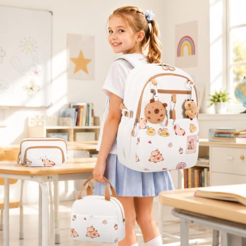 DIGOBAY Backpack for Girls, 5PCS School Bookbag with Lunch Box Pencil Case - color: White Brown