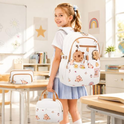 DIGOBAY Backpack for Girls, 5PCS School Bookbag with Lunch Box Pencil Case - color: White Brown