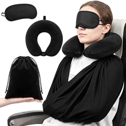 Sosation 3 Pcs Airplane Sleep Support Set Includes Arm Travel Sling Wrap Blanket, Memory Foam Neck Pillow and Light-Blocking Eye Mask, Flight Sleeping Essentials Comfort for Long-Distance Travel