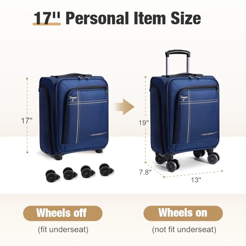17 Inch Underseat Carry on Luggage with Removable Spinner Wheels - color: Blue, size: 17 inch_Underseat