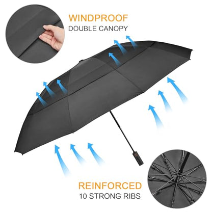 Prospo 46/62 Inch Large Travel Umbrellas for Rain Windproof, 10 Ribs Compact Reverse Folding Golf Umbrella, Double Canopy Automatic Open Close - color: Black, size: 46 inch