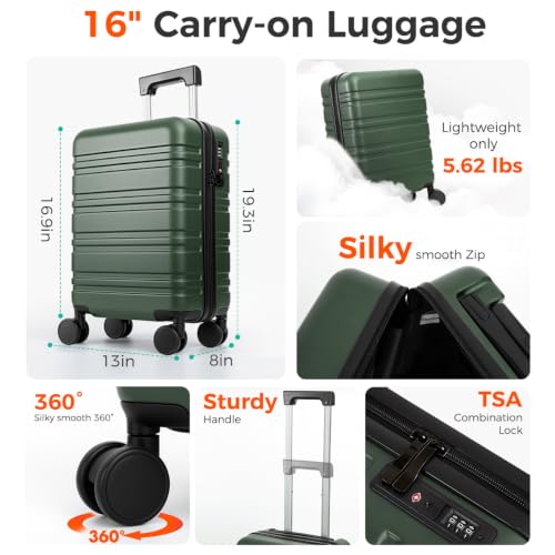 Hard Shell Suitcase With Removable Wheels, 16 Inch Carry On Luggage - color: Green
