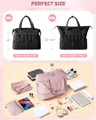 Smasrob Quilted Duffle Bag with Shoe Compartment, Wet Pocket, Laptop Pocket - color: Black