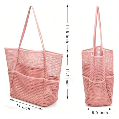 Large Beach Bags for Women, Mesh Beach Tote with Zipper, Foldable Pool Tote Bag Travel Beachbag Waterproof Sandproof - color: Pink - More Pockets