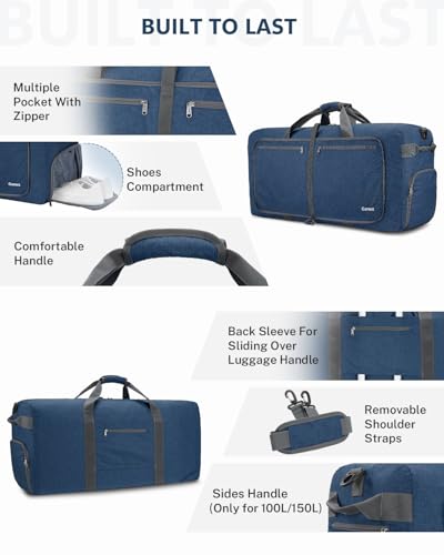 Gonex 150L Foldable Travel Duffle Bag with Shoe Compartment, Lightweight - color: Dark Blue, size: 150L