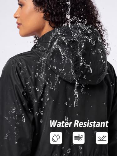 SaphiRose Women's Long Packable Rain Jacket with Hood Waterproof Raincoat - color: Black, size: Large