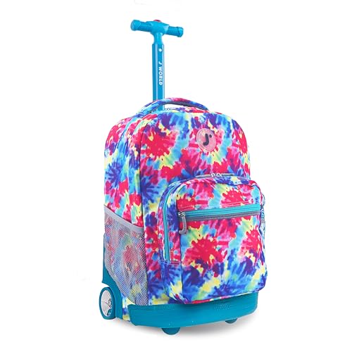 J World Sunrise Kids Rolling Backpack with Wheels for Girls Boys, Roller Bookbag for School, 18 x 13 x 9 Inches, Tie Dye - color: Tie Dye