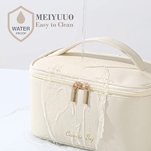 Meiyuuo Travel Makeup Bag for Women, PU Leather Cosmetic Bag, Beige - color: Light Beige