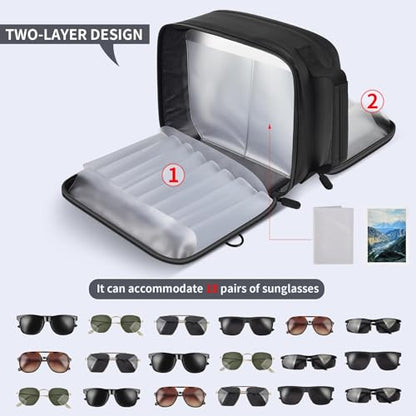 Sunglasses Organizer Case Holds 18 Pairs, Multiple Eyeglasses Storage Bag for Women Men, Polarized Sunglass Portable Travel Holder Attached One Squeeze-top Pouch for Travel(Glasses not included)