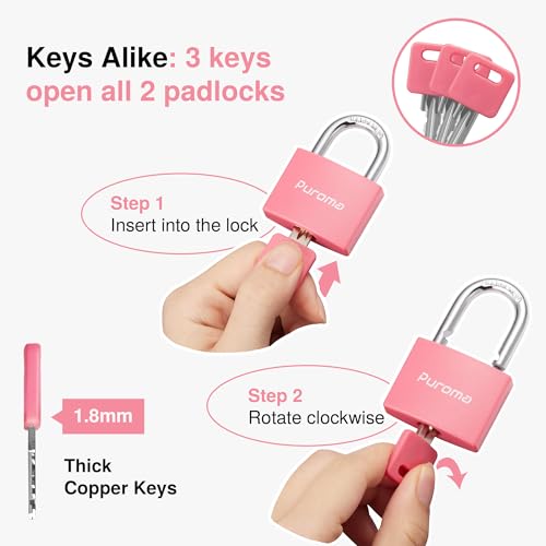 Puroma 2 Keyed Padlock with 3 Keys Aluminum 7/8“ Lock 43mm Gym Locker Pink - color: Pink, style: 2 Pack