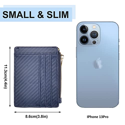 woogwin Slim RFID Credit Card Holder for Women Mini Front Pocket Wallet Purse With Keychain - color: Carbon Fiber Leather Darkblue
