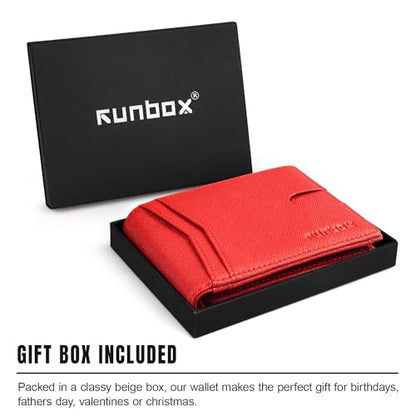 RUNBOX Wallet for Men -Slim Rfid Leather Mens Bifold Novelty Wallets 2 ID Window With Gift Box Men's Accessories - color: A pure red