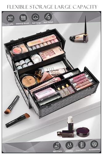 Joligrace Makeup Train Case Professional Cosmetic Organizer Aluminum Storage Box with 4 Adjustable Dividers Trays Lockable Portable with Shoulder Strap - color: Black