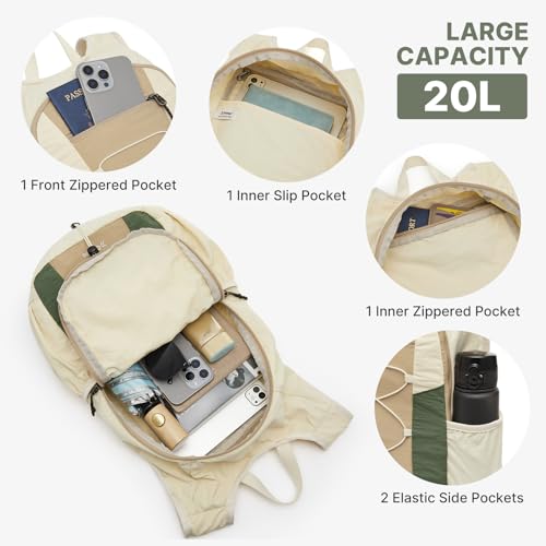 G4Free 20L Lightweight Packable Hiking Backpack for Women Men - color: Green+beige