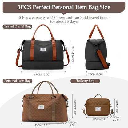 Weekender Bags for Women,Personal Item Travel Bag with Shoes Compartment - color: B-BlackBrown-3PCS-4051, size: Large