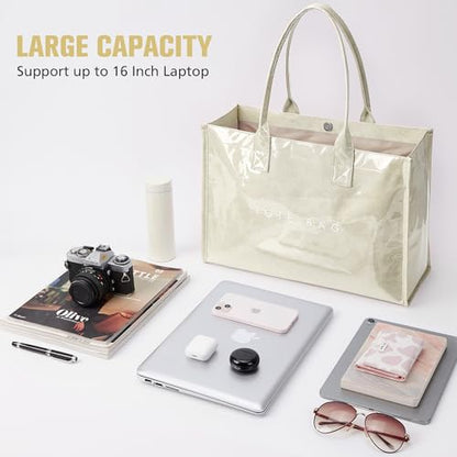 KALIDI PVC Tote Bag Women’s Kraft Paper Work Handbags Purses with Top Handle - color: Beige