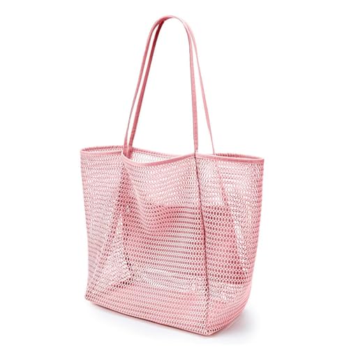 Large Beach Bags for Women, Mesh Beach Tote with Zipper, Foldable Pool Tote Bag Travel Beachbag Waterproof Sandproof - color: Pink