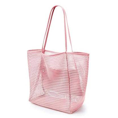 Large Beach Bags for Women, Mesh Beach Tote with Zipper, Foldable Pool Tote Bag Travel Beachbag Waterproof Sandproof - color: Pink