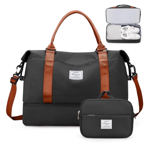 Weekender Bags for Women, Carry-On Overnight Travel Duffel Bag | Travel Bag with Shoes Compartment & Toiletry Bag, Extra Large - color: Black & Brown, size: Extra Large