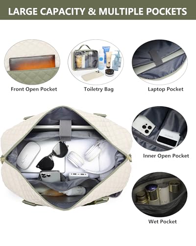 Travel Weekender Duffle Bag for Women: Overnight Bags with Shoe Compartment - color: Beige Green, size: Large