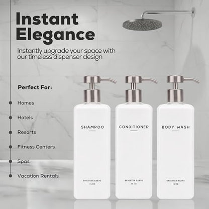 White Shampoo and Conditioner Dispenser Set by Brighter Barns - 16oz Shower Dispenser - Refillable Plastic Shampoo Bottles & Stainless Steel Pump - Shampoo Dispenser for Bathroom, Hotel, Gifts (White) - color: White