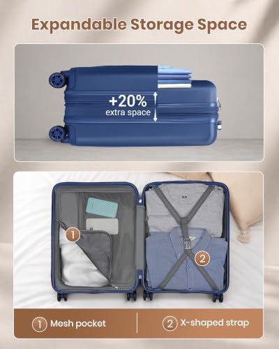 Kono 3 Piece Expandable Luggage Set with Spinner Wheels Hardshell, Navy - color: Navy, size: 3 Piece Set (20"/24"/28")