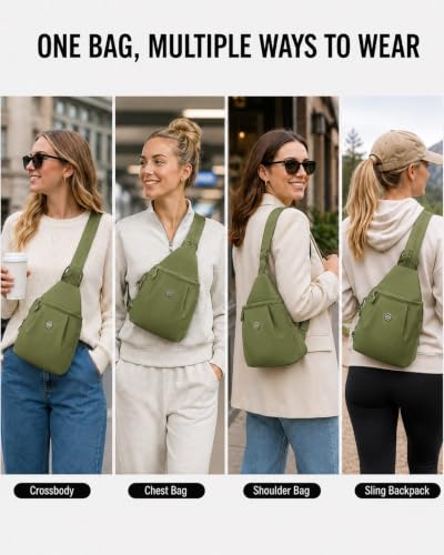 Sling Backpack for Women, Water-Resistant Crossbody Chest Bag for Travel, Work, Gym, Students & Daily Use - color: Avocado Green
