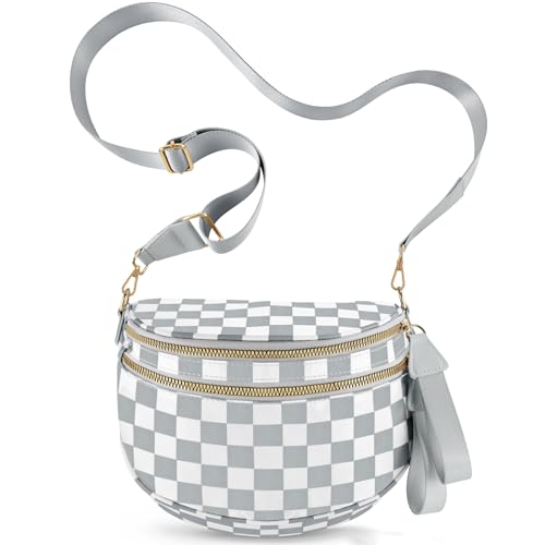 Checkered Crossbody Bags for Women, Large Nylon Bum Bags - color: Light Grey Checkered