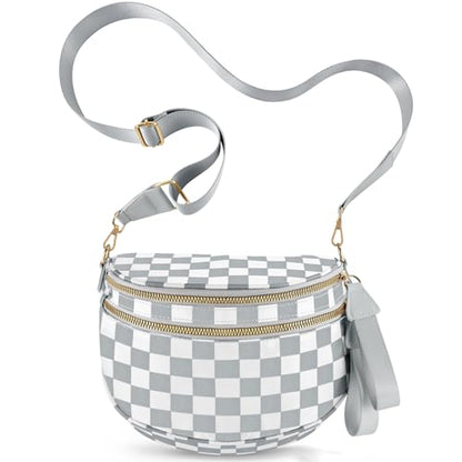 Checkered Crossbody Bags for Women, Large Nylon Bum Bags - color: Light Grey Checkered