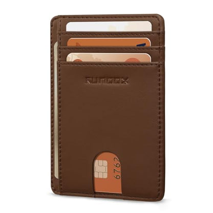 RUNBOX Slim Wallet for Men and Women, RFID Blocking Leather Card Holder - color: Classic Brown
