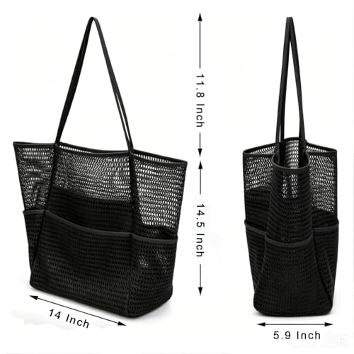 Large Beach Bags for Women, Mesh Beach Tote with Zipper, Foldable Pool Tote Bag Travel Beachbag Waterproof Sandproof - color: Black - More Pockets