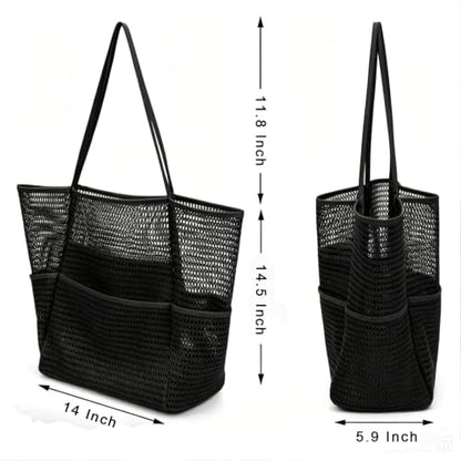 Large Beach Bags for Women, Mesh Beach Tote with Zipper, Foldable Pool Tote Bag Travel Beachbag Waterproof Sandproof - color: Black - More Pockets