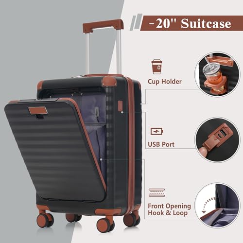 Merax 5 Piece Luggage Set,Front Opening Hardside Suitcase Set,Black - color: Black and Brown, size: 5 Piece(20/24/28/DB/TB)