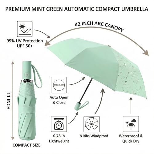 BAODINI Small UV Protection Travel Umbrella Compact for Rain and Sun UPF 50+ Windproof Portable 42 inch Umbrella for Women and Men - color: G-2 Pack Light Green & Black