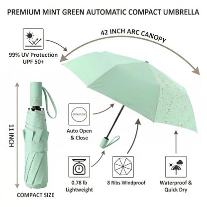 BAODINI Small UV Protection Travel Umbrella Compact for Rain and Sun UPF 50+ Windproof Portable 42 inch Umbrella for Women and Men - color: G-2 Pack Light Green & Black