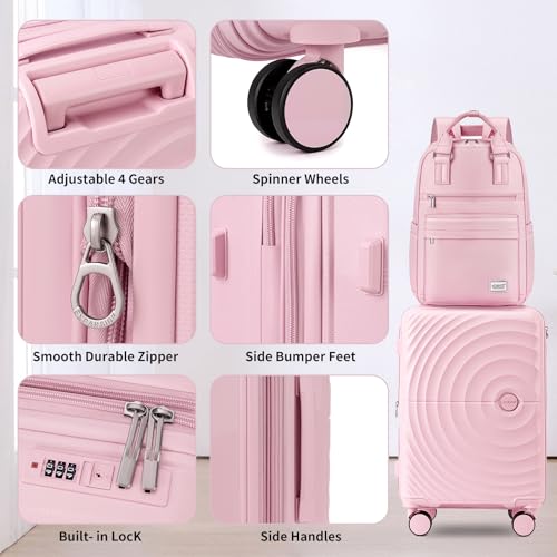 LARVENDER Expandable Carry On 3 Piece Luggage Set with Backpack 20 Inch - color: Light Pink, style: 3 Piece Sets